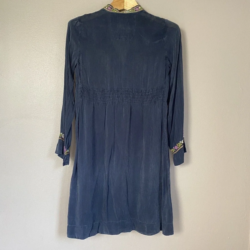 Johnny Was Navy Embroidered Dress Long Sleeve V‎ Neck Women's Size XS